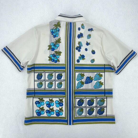 Vintage 70s Novelty Fruit Print Button Up Shirt Blue Cherries Kitsch Womens L XL - Picture 3 of 8